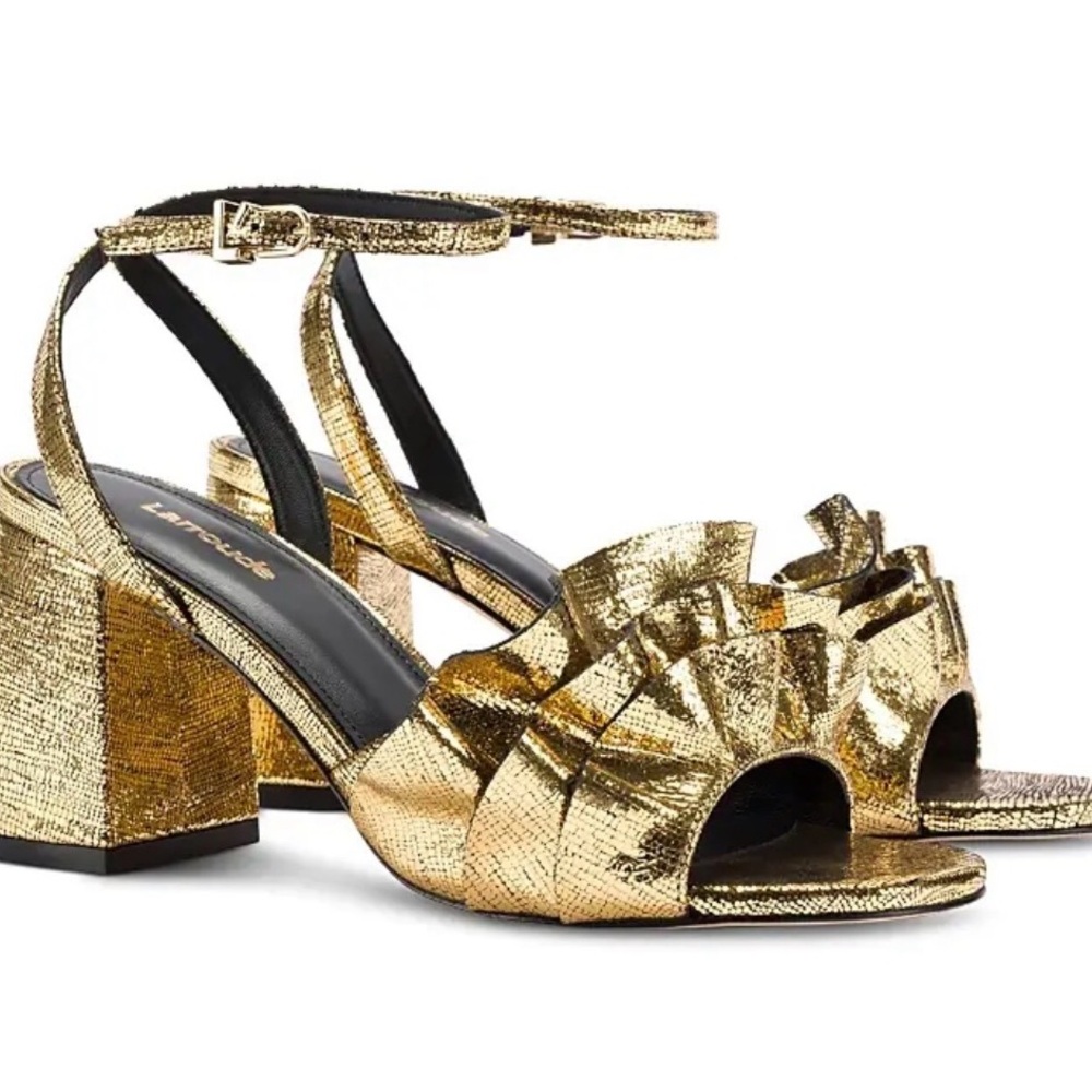 Larroude Selena Gold Ruffle Block Heel Sandals - size 7